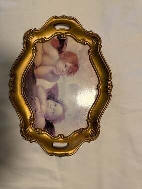 Vintage Florentine Italy Gold Gilt Wood Tray Raphael's Cherub Angels